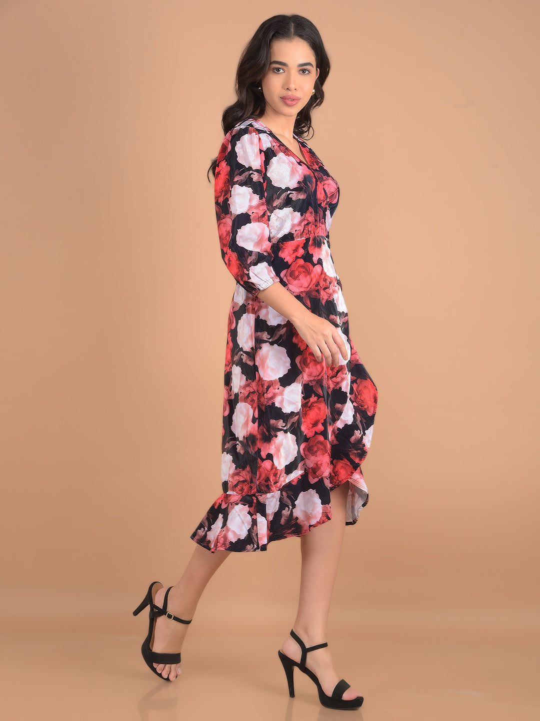 Red Floral Print Midi Length A-Line Dress