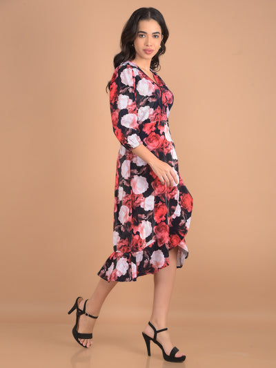 Red Floral Print Midi Length A-Line Dress-Women Dresses-Crimsoune Club