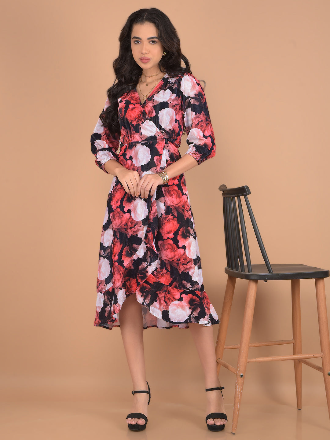 Red Floral Print Midi Length A-Line Dress-Women Dresses-Crimsoune Club