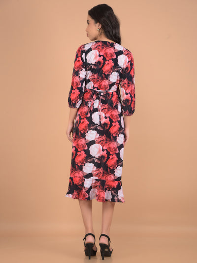 Red Floral Print Midi Length A-Line Dress-Women Dresses-Crimsoune Club