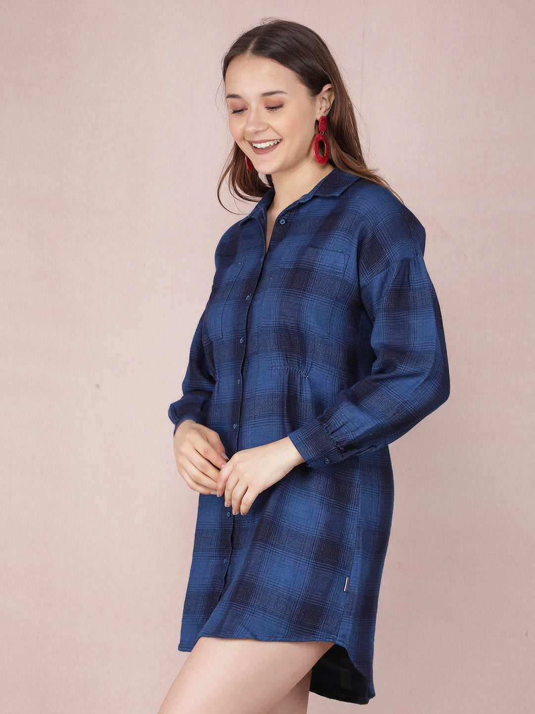 Navy Blue Checked 100% Cotton Mini Shirt Dress-Women Dresses-Crimsoune Club