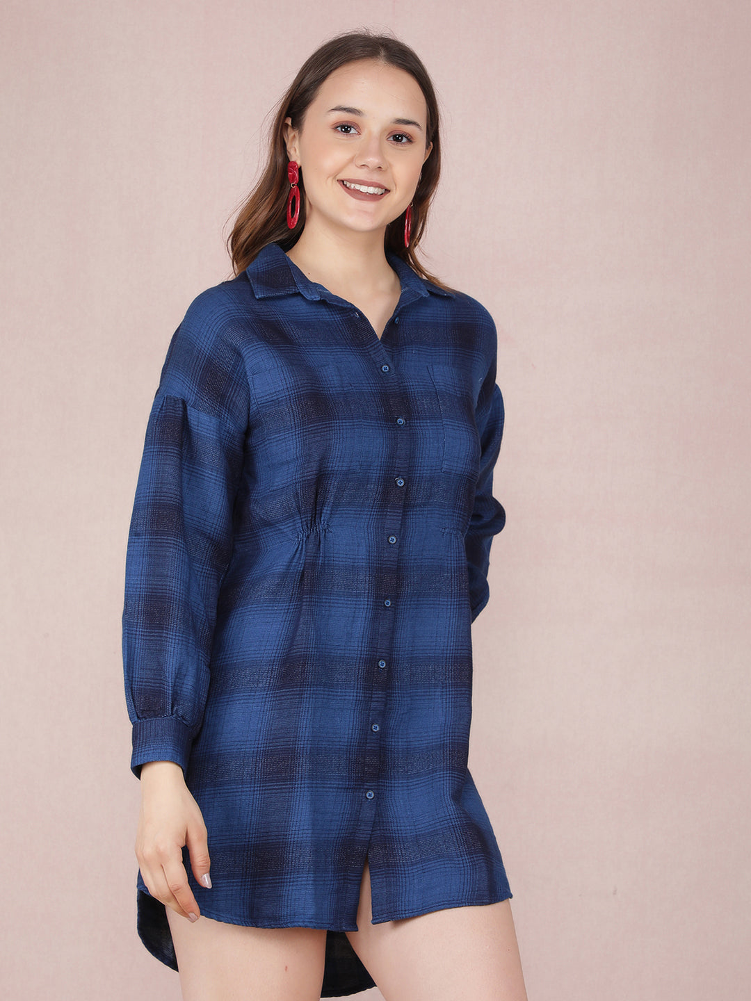 Navy Blue Checked 100% Cotton Mini Shirt Dress-Women Dresses-Crimsoune Club