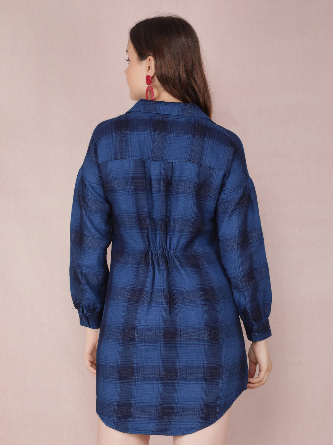 Navy Blue Checked 100% Cotton Mini Shirt Dress-Women Dresses-Crimsoune Club