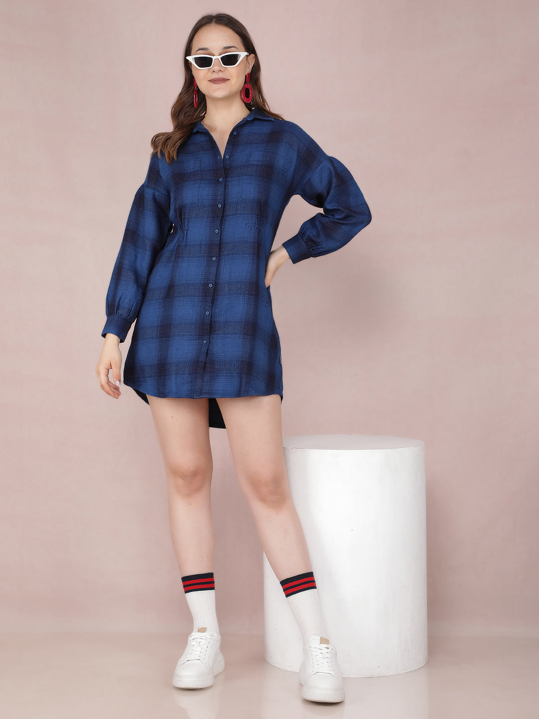 Navy Blue Checked 100% Cotton Mini Shirt Dress-Women Dresses-Crimsoune Club