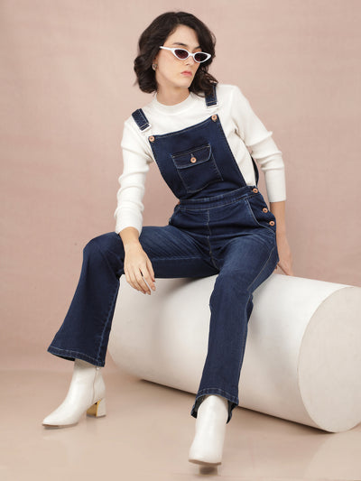 Navy Blue Denim Bootcut Leg Dungarees-Women Dungarees-Crimsoune Club