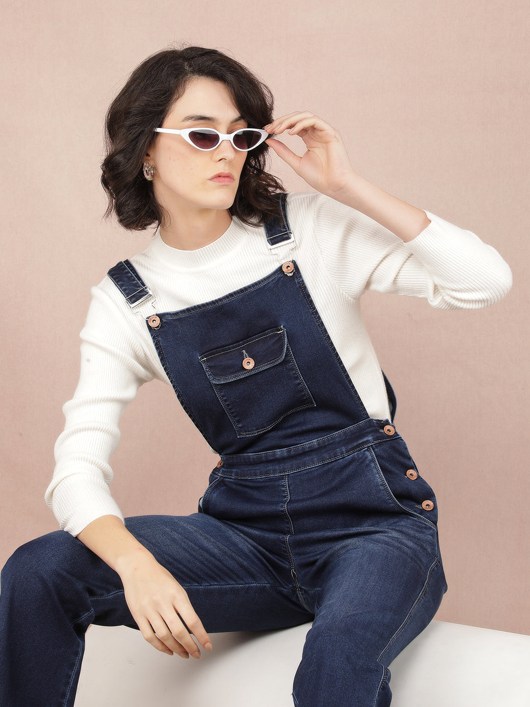 Navy Blue Denim Bootcut Leg Dungarees-Women Dungarees-Crimsoune Club