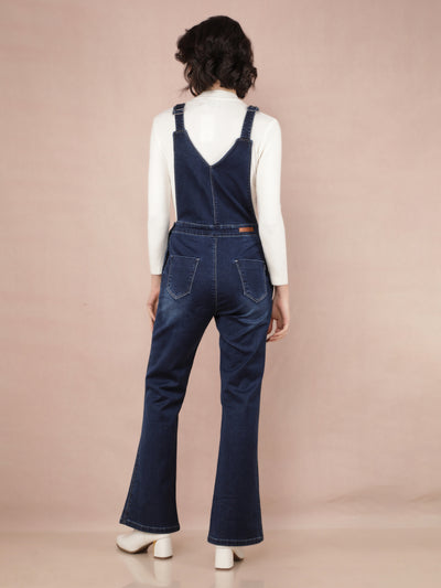 Navy Blue Denim Bootcut Leg Dungarees-Women Dungarees-Crimsoune Club