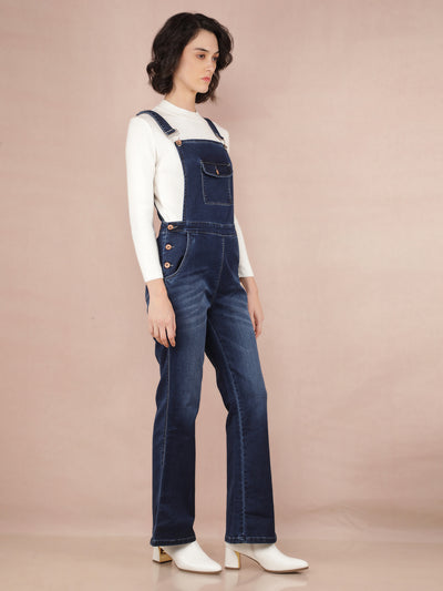 Navy Blue Denim Bootcut Leg Dungarees-Women Dungarees-Crimsoune Club