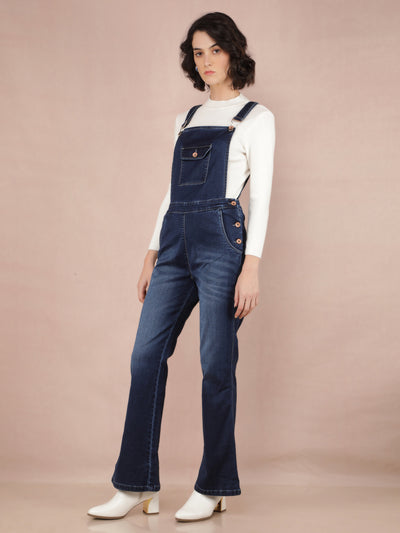 Navy Blue Denim Bootcut Leg Dungarees-Women Dungarees-Crimsoune Club