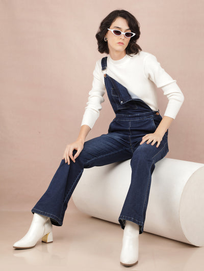 Navy Blue Denim Bootcut Leg Dungarees-Women Dungarees-Crimsoune Club