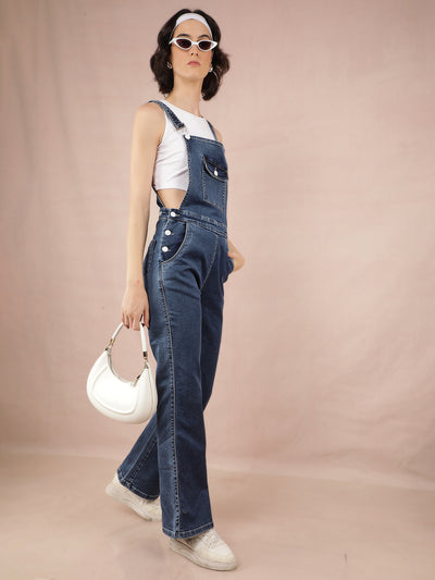 Blue Denim Bootcut Leg Dungarees-Women Dungarees-Crimsoune Club