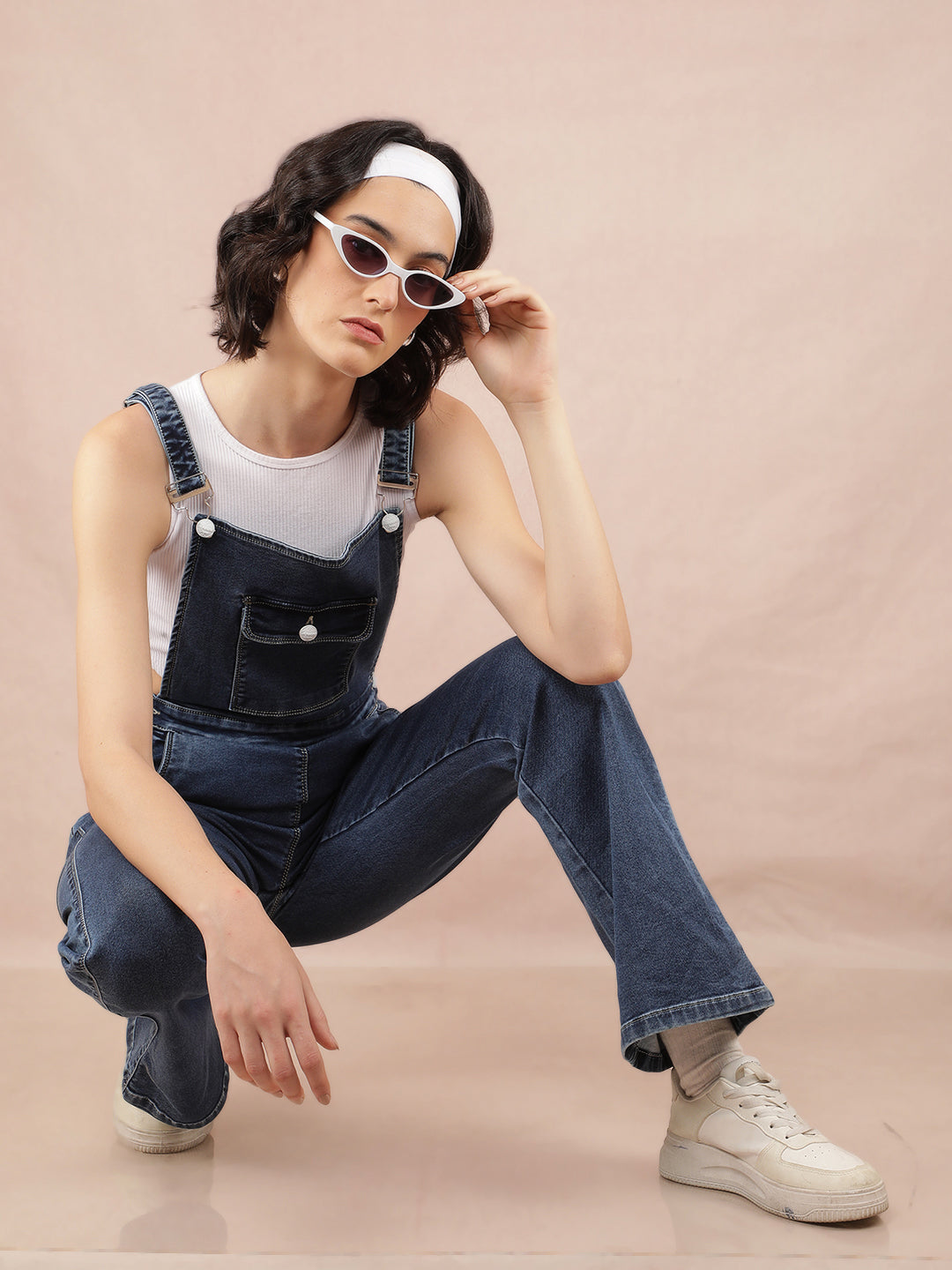 Blue Denim Bootcut Leg Dungarees-Women Dungarees-Crimsoune Club