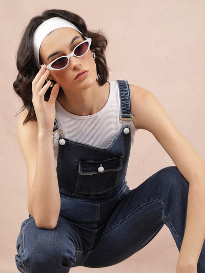 Blue Denim Bootcut Leg Dungarees-Women Dungarees-Crimsoune Club