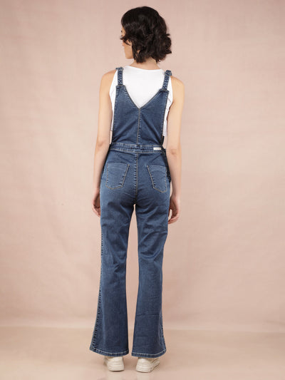 Blue Denim Bootcut Leg Dungarees-Women Dungarees-Crimsoune Club