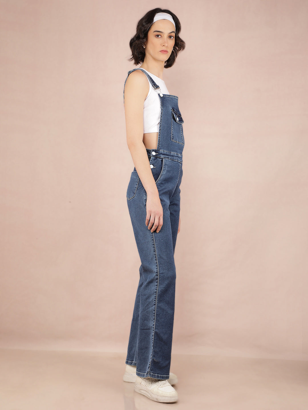 Blue Denim Bootcut Leg Dungarees-Women Dungarees-Crimsoune Club