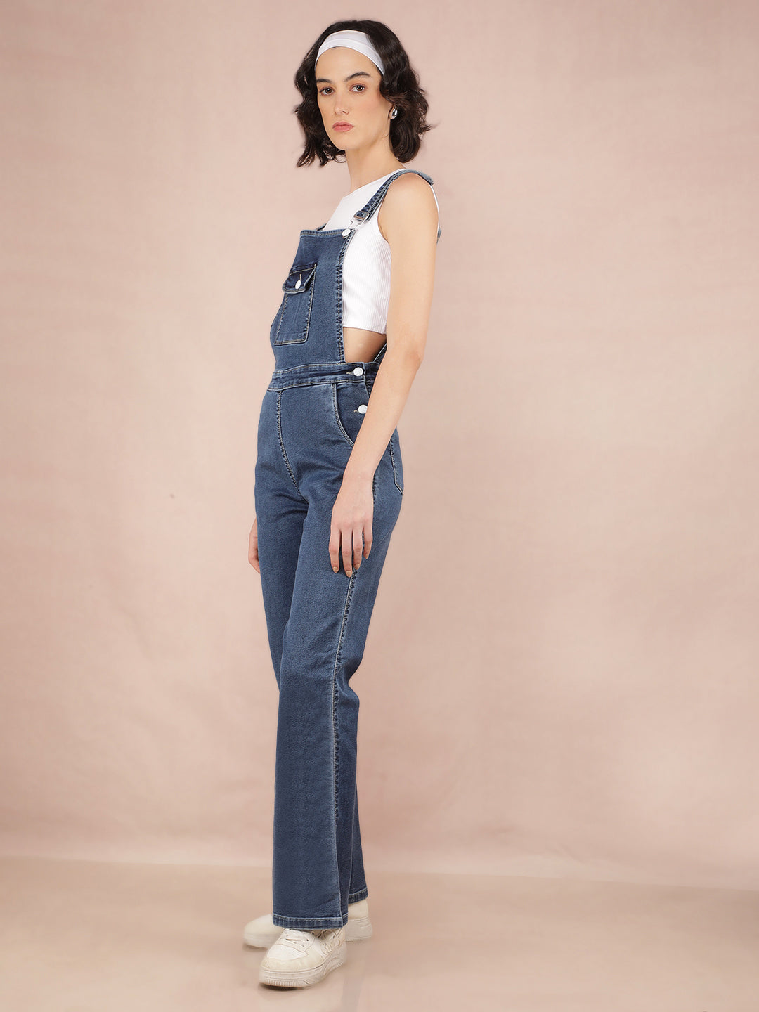 Blue Denim Bootcut Leg Dungarees-Women Dungarees-Crimsoune Club