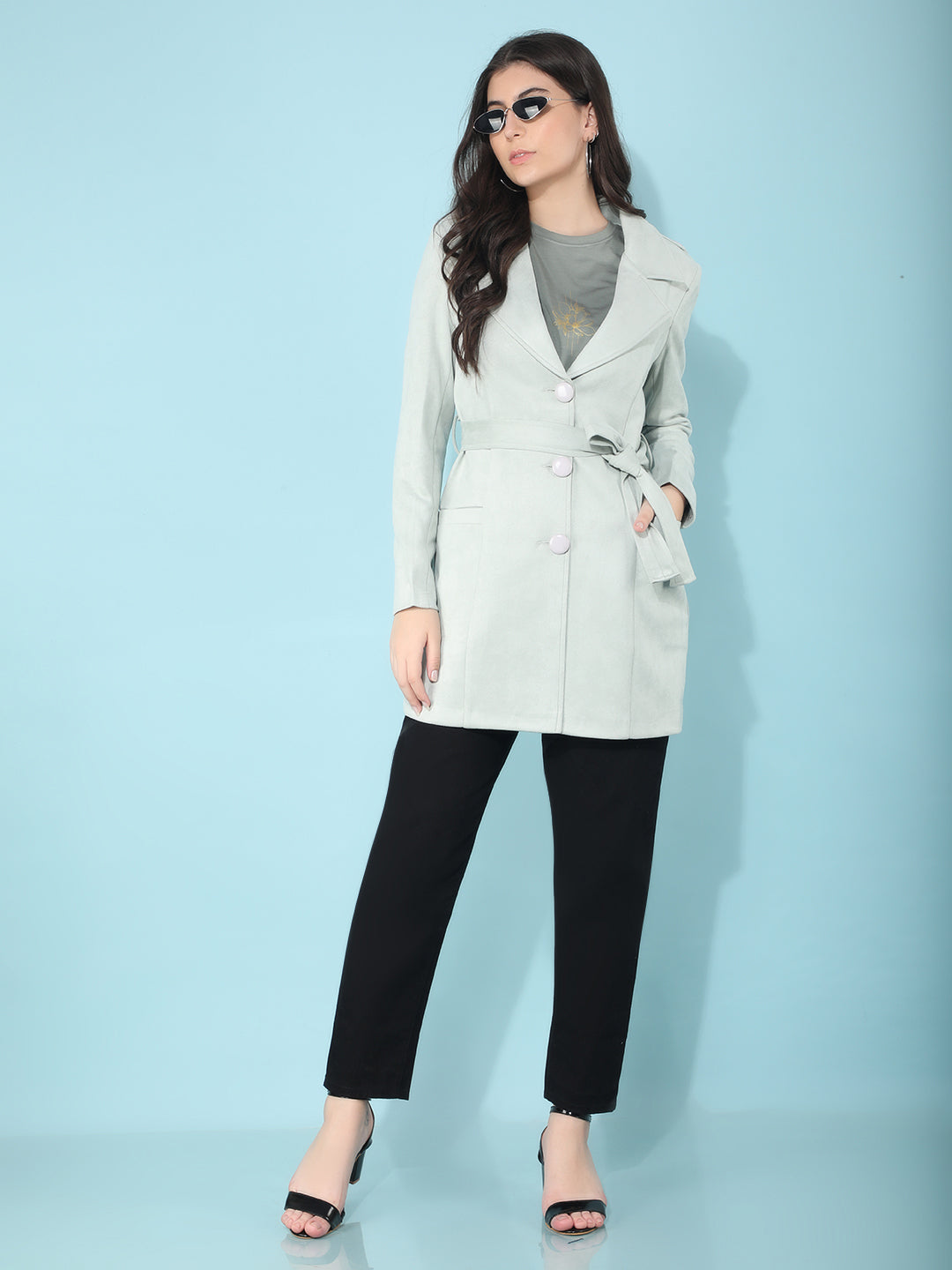 Mint Notched Lapel Collar Trench Coat-Women Coats-Crimsoune Club