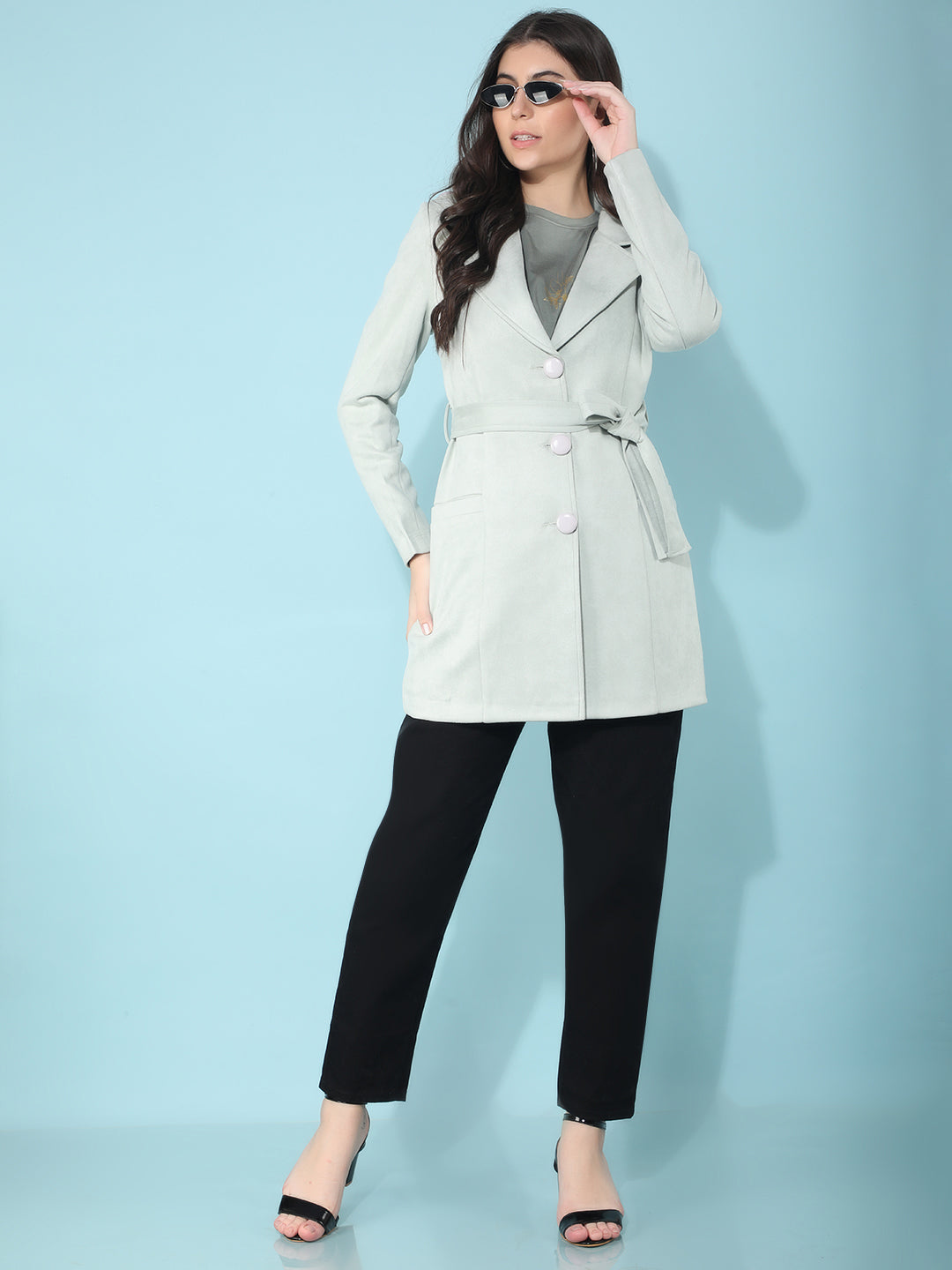 Mint Notched Lapel Collar Trench Coat-Women Coats-Crimsoune Club