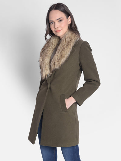 Olive Overcoat With Faux Fur Detail-Women Overcoats-Crimsoune Club