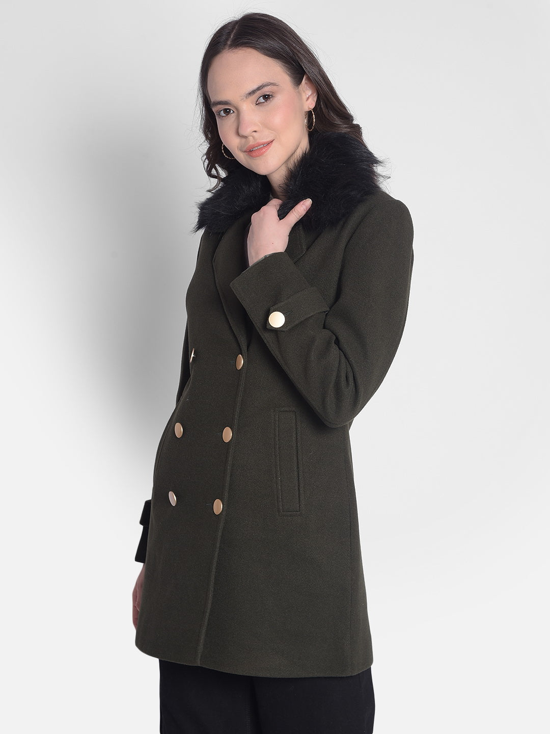 Olive Double-Breasted Overcoat-Women Overcoats-Crimsoune Club