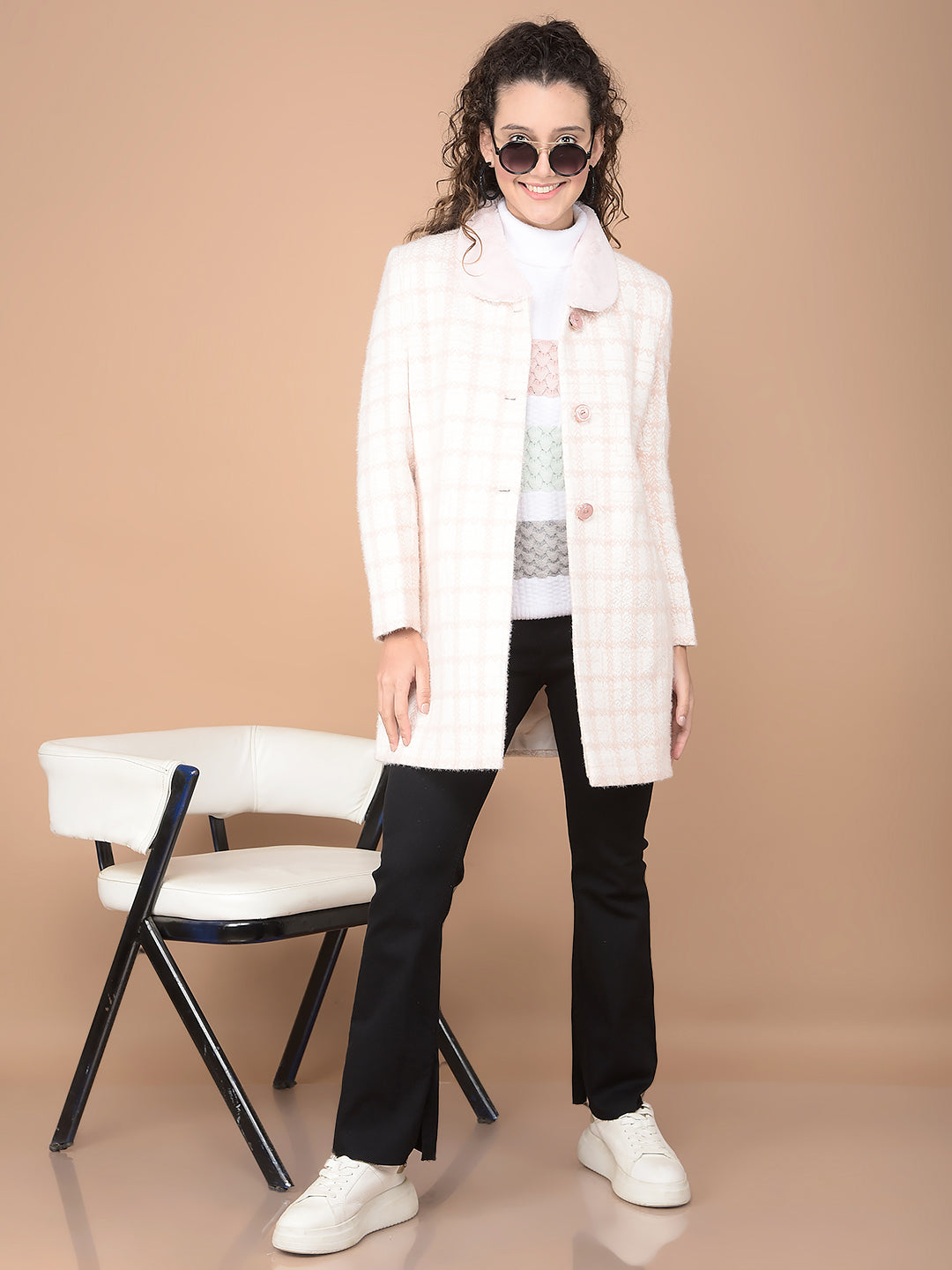 Pink Checked Longline Overcoat-Women Coats-Crimsoune Club