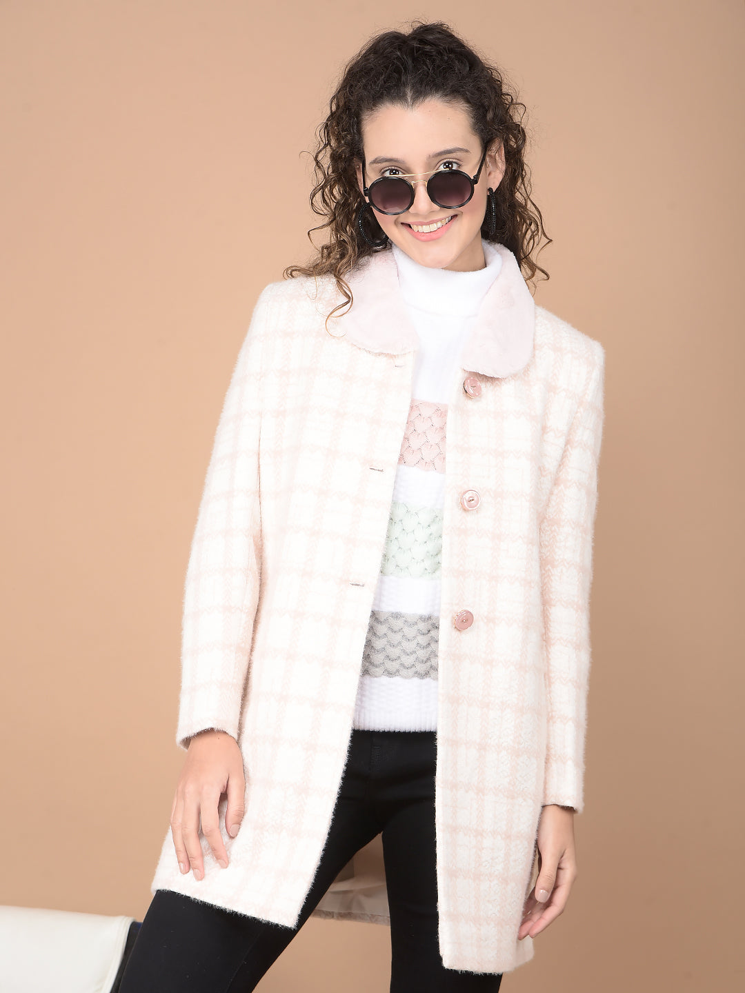 Pink Checked Longline Overcoat