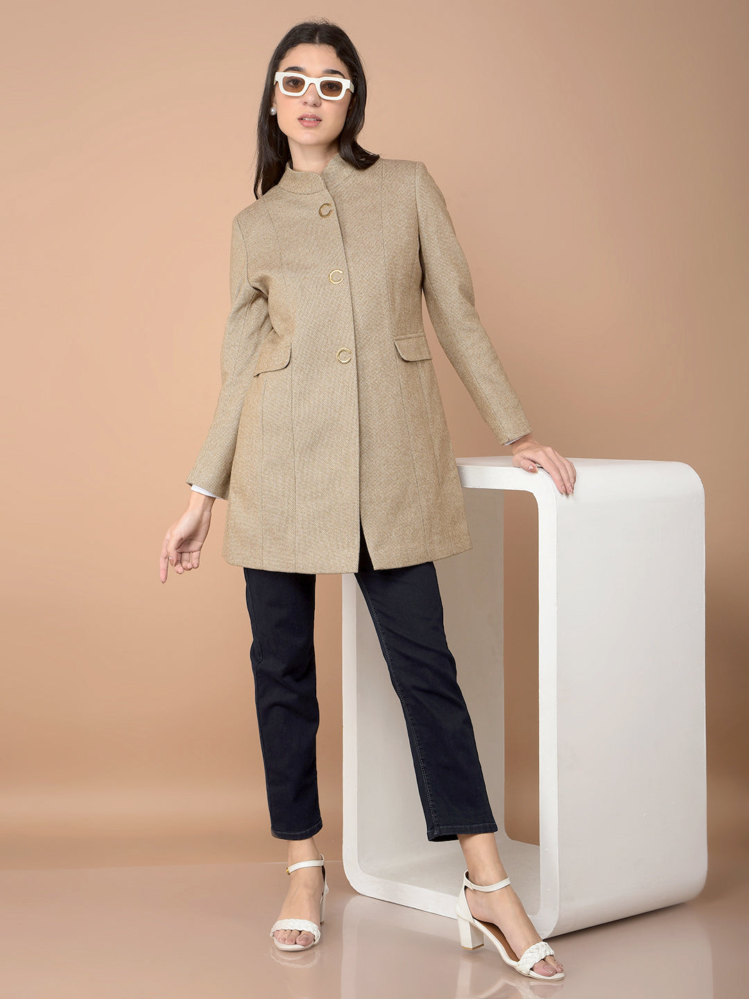 Brown Mid-Thigh Length Overcoat-Women Coats-Crimsoune Club