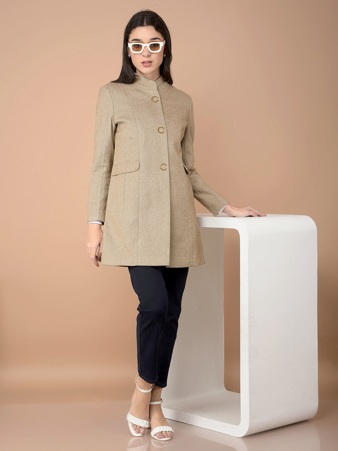 Brown Mid-Thigh Length Overcoat-Women Coats-Crimsoune Club