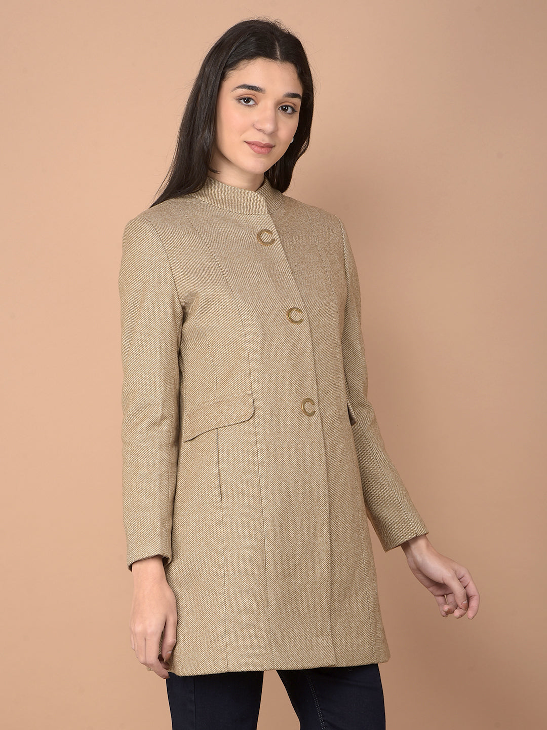 Brown Mid-Thigh Length Overcoat-Women Coats-Crimsoune Club