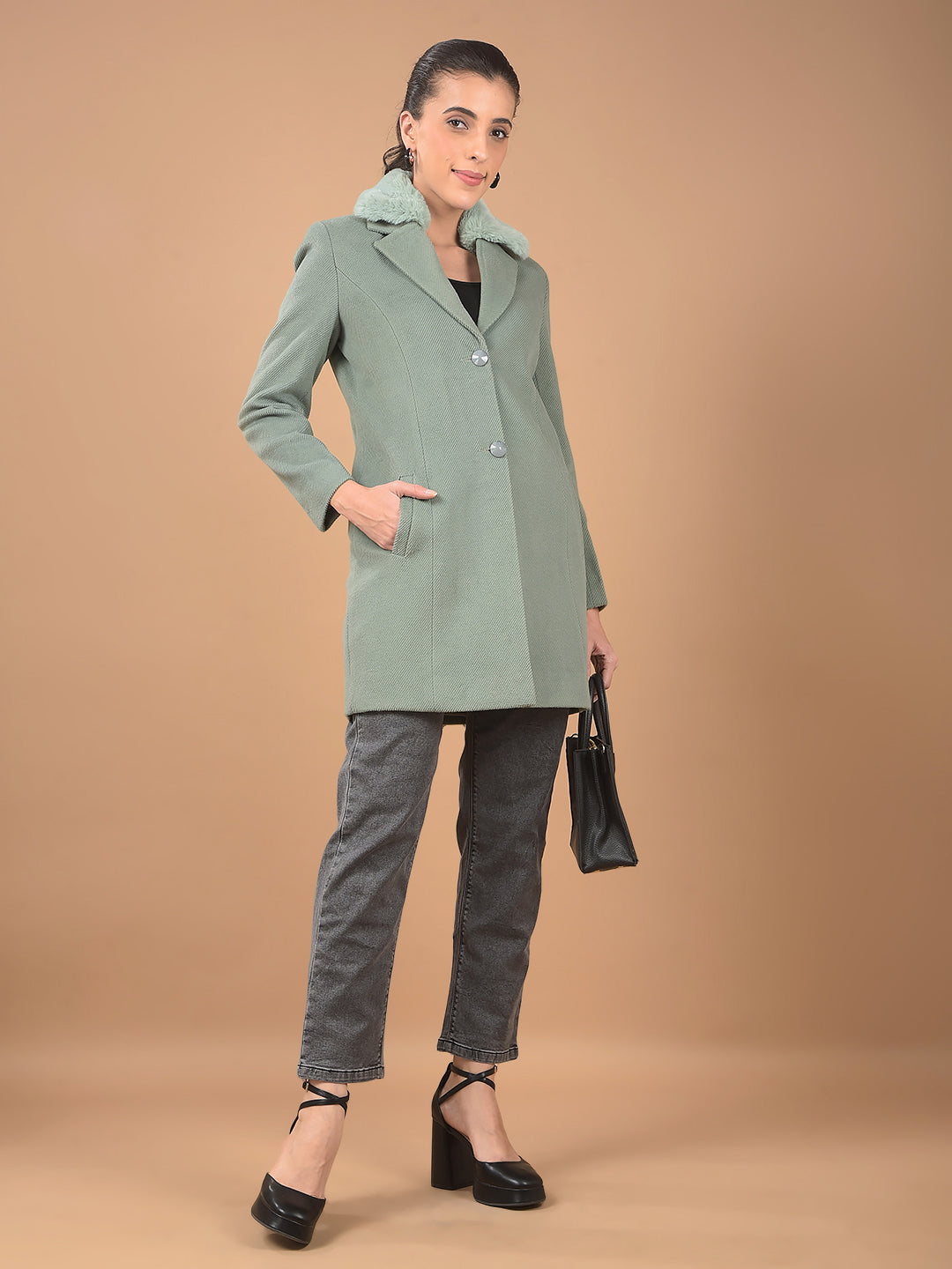 Green Notched Lapel Long Length Overcoat-Women Coats-Crimsoune Club