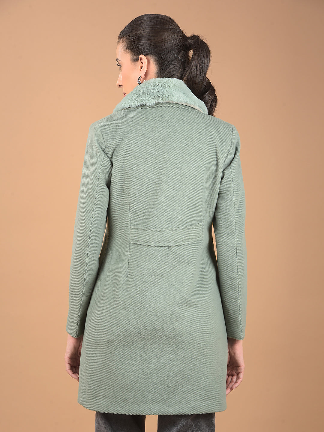 Green Notched Lapel Long Length Overcoat-Women Coats-Crimsoune Club