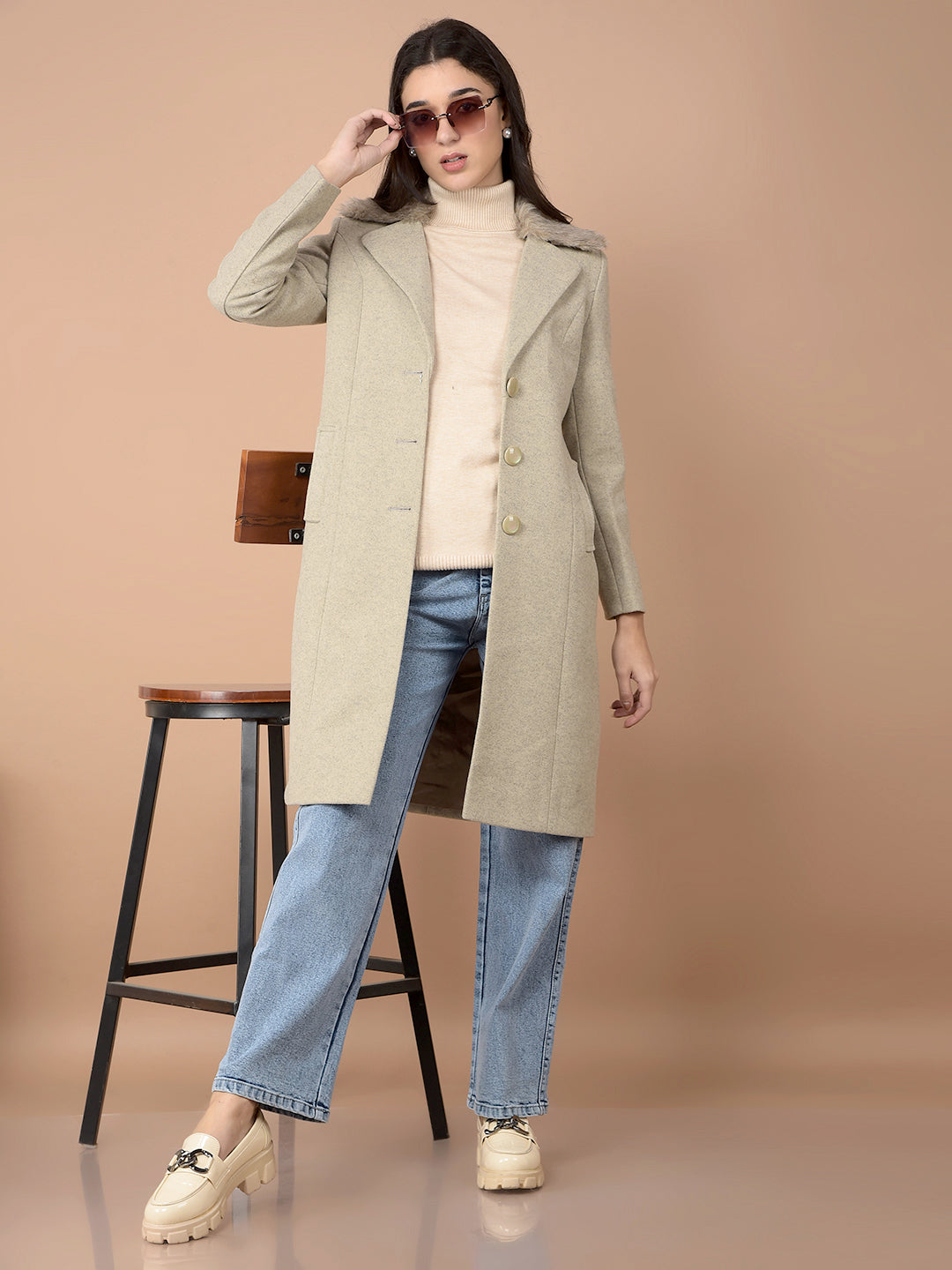 Beige Knee-Length Overcoat-Women Coats-Crimsoune Club