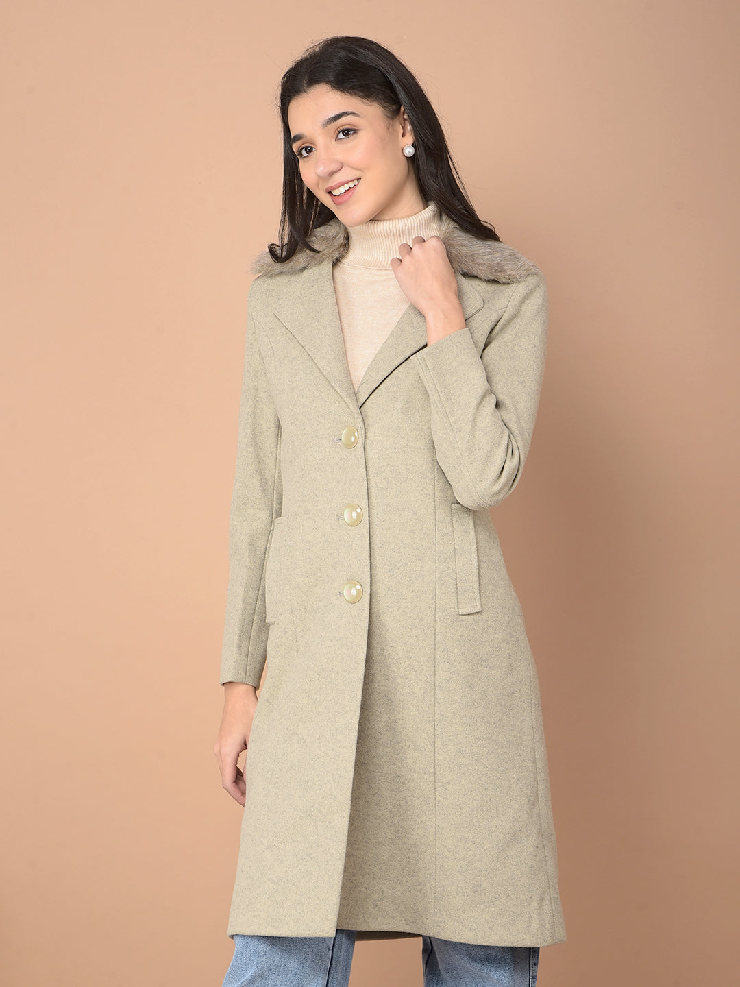 Beige Knee-Length Overcoat-Women Coats-Crimsoune Club