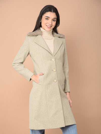 Beige Knee-Length Overcoat-Women Coats-Crimsoune Club