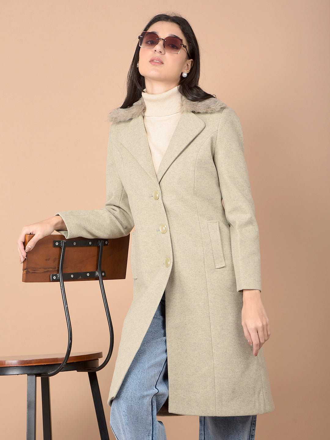 Beige Knee-Length Overcoat-Women Coats-Crimsoune Club