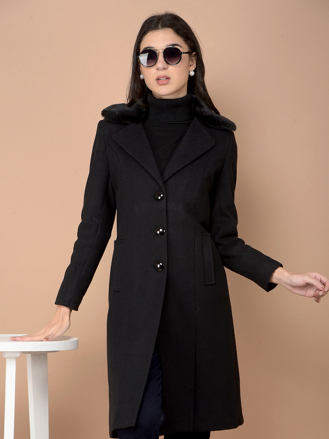 Black Knee-Length Overcoat-Women Coats-Crimsoune Club