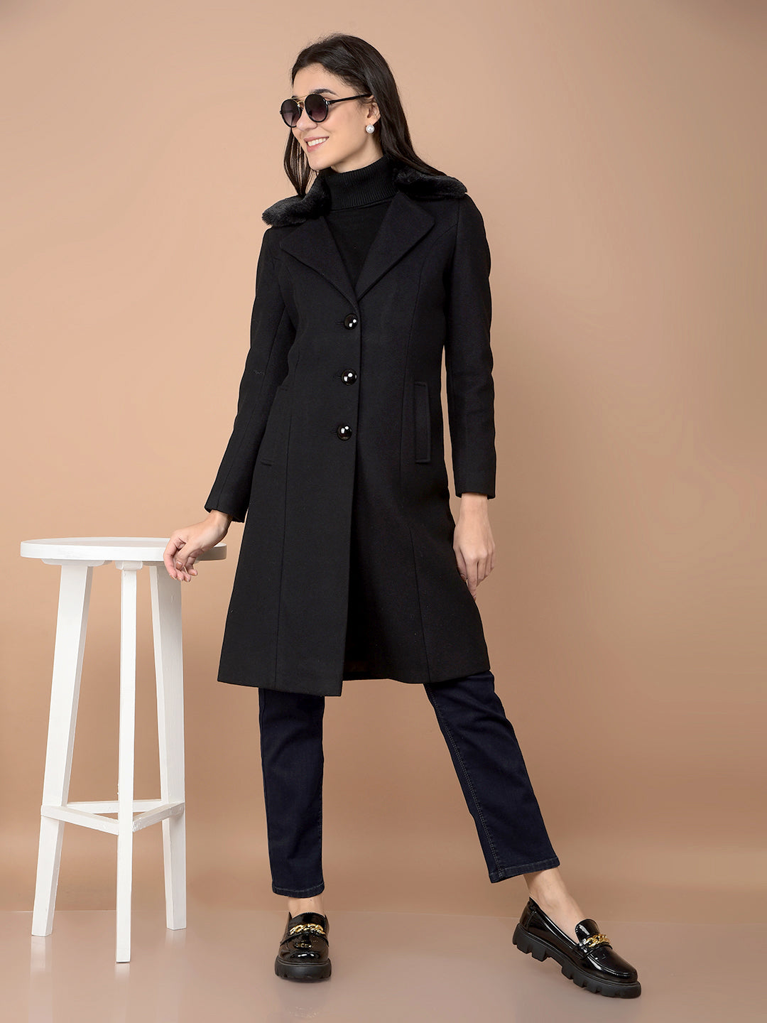 Black Knee-Length Overcoat-Women Coats-Crimsoune Club