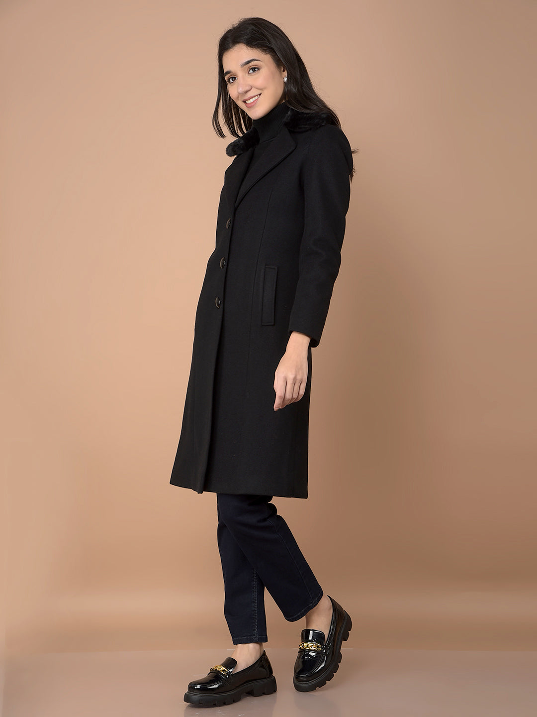 Black Knee-Length Overcoat-Women Coats-Crimsoune Club