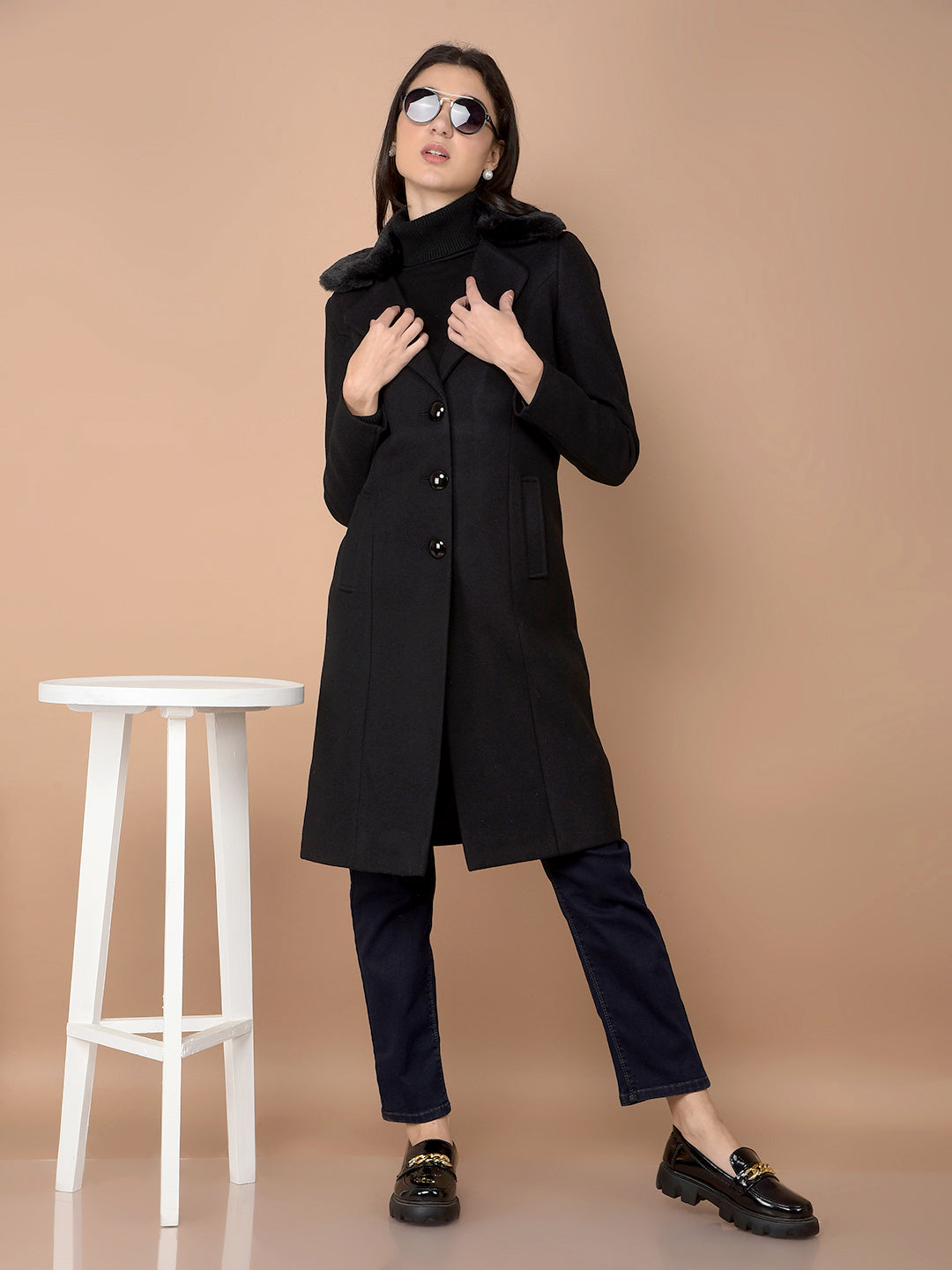 Black Knee-Length Overcoat-Women Coats-Crimsoune Club