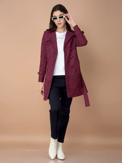 Wine Double-Breasted Overcoat with Belt-Women Coats-Crimsoune Club