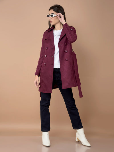 Wine Double-Breasted Overcoat with Belt-Women Coats-Crimsoune Club