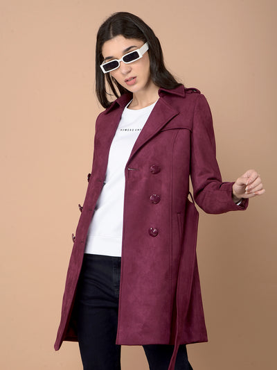 Wine Double-Breasted Overcoat with Belt-Women Coats-Crimsoune Club