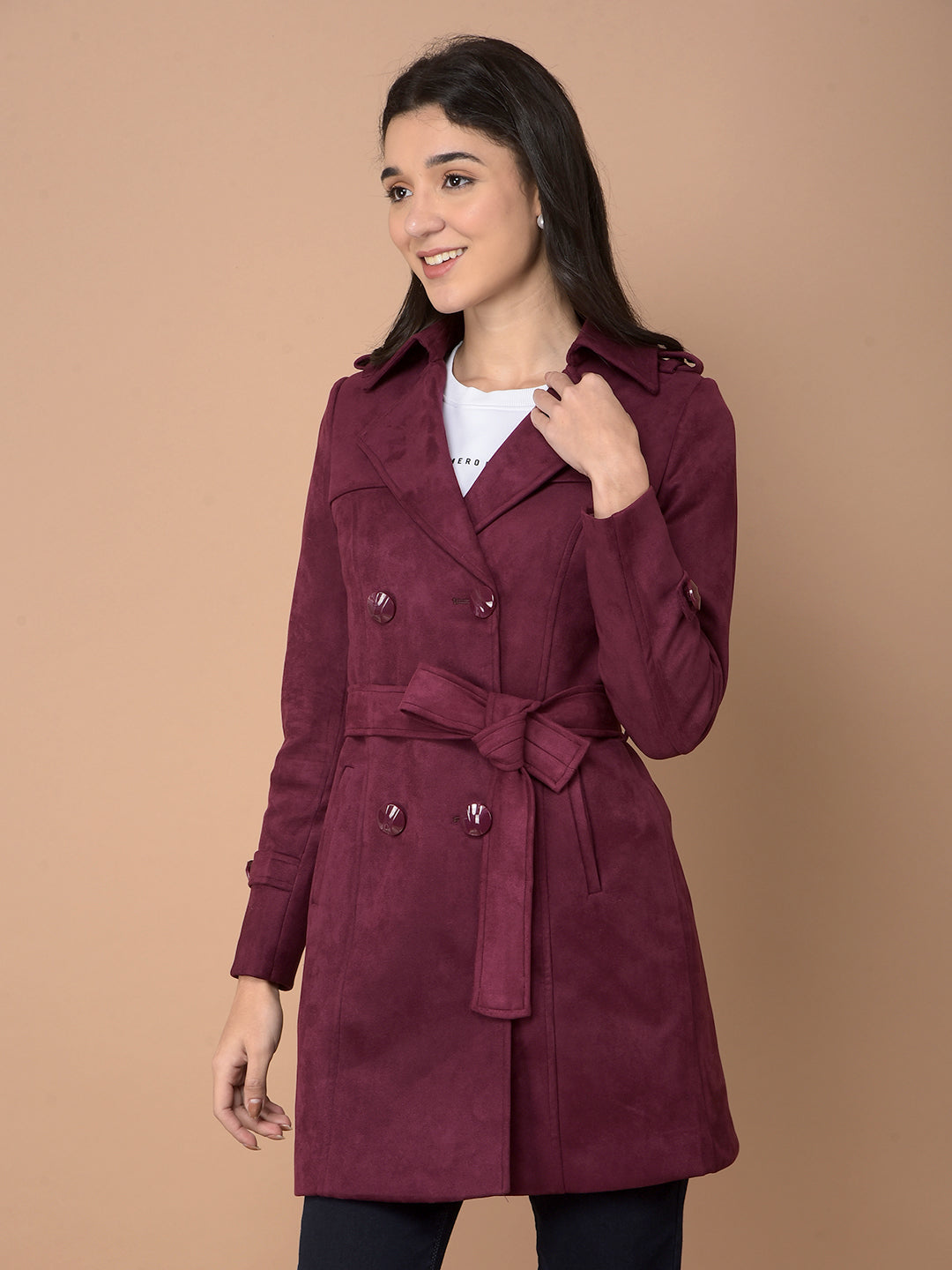 Wine Double-Breasted Overcoat with Belt-Women Coats-Crimsoune Club