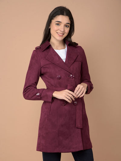 Wine Double-Breasted Overcoat with Belt-Women Coats-Crimsoune Club