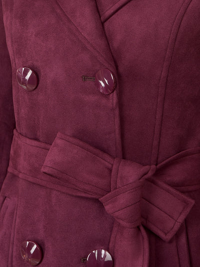 Wine Double-Breasted Overcoat with Belt-Women Coats-Crimsoune Club