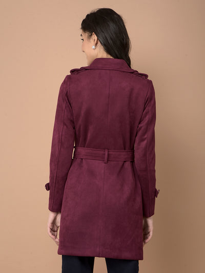 Wine Double-Breasted Overcoat with Belt-Women Coats-Crimsoune Club