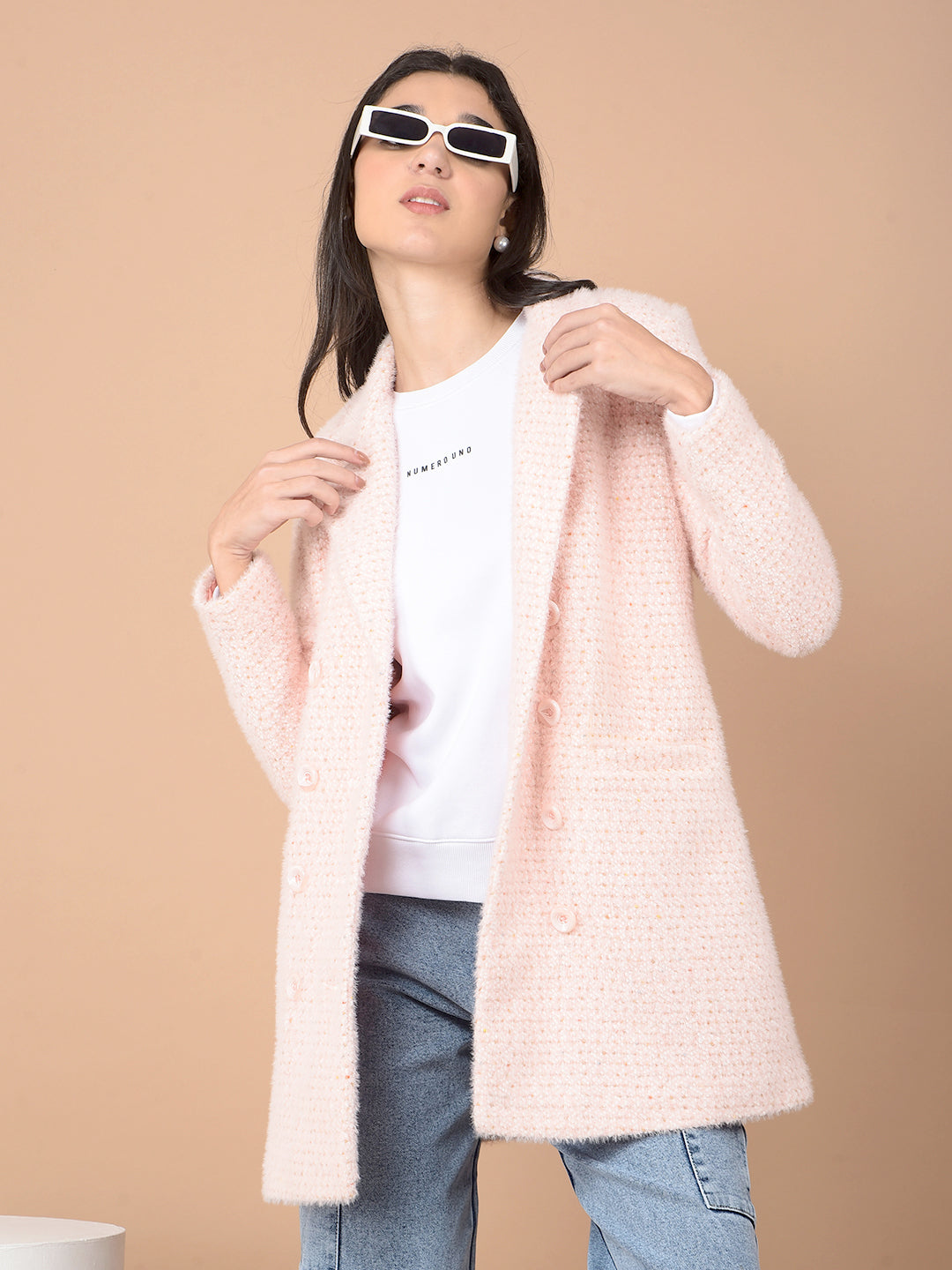 Pink Jacquard Double-Breasted Overcoat-Women Coats-Crimsoune Club