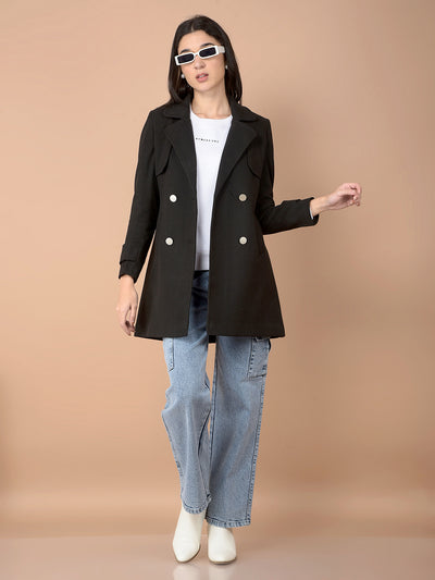 Black Double-Breasted Overcoat-Women Coats-Crimsoune Club