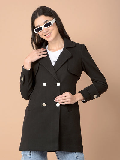 Black Double-Breasted Overcoat-Women Coats-Crimsoune Club