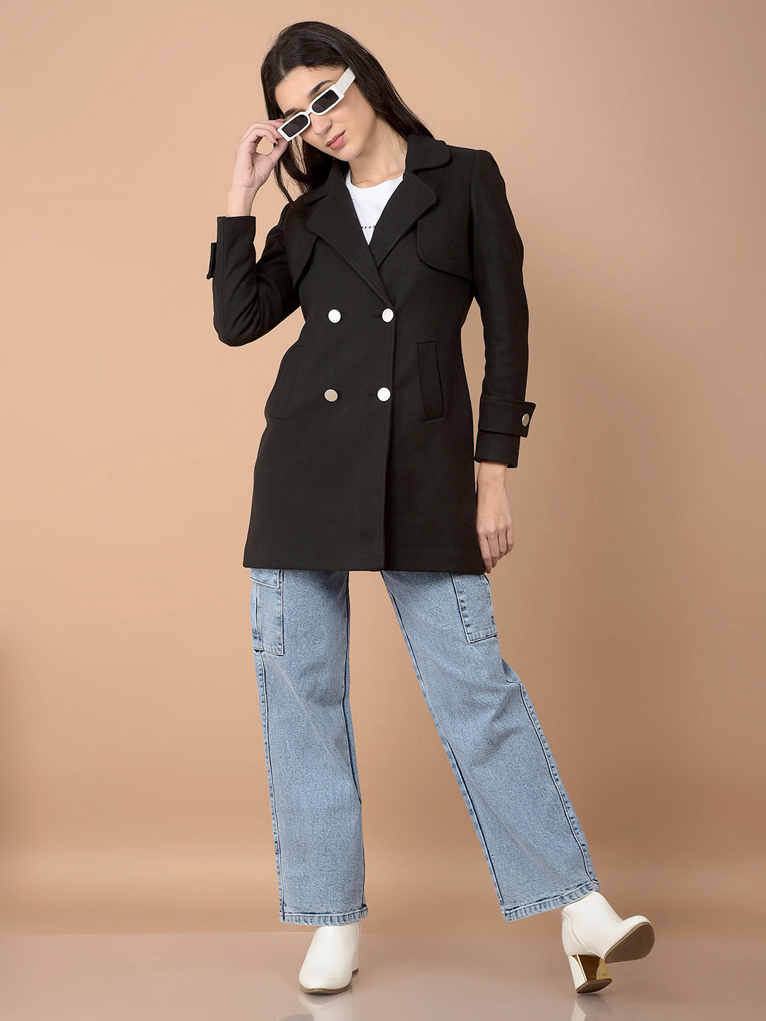 Black Double-Breasted Overcoat-Women Coats-Crimsoune Club